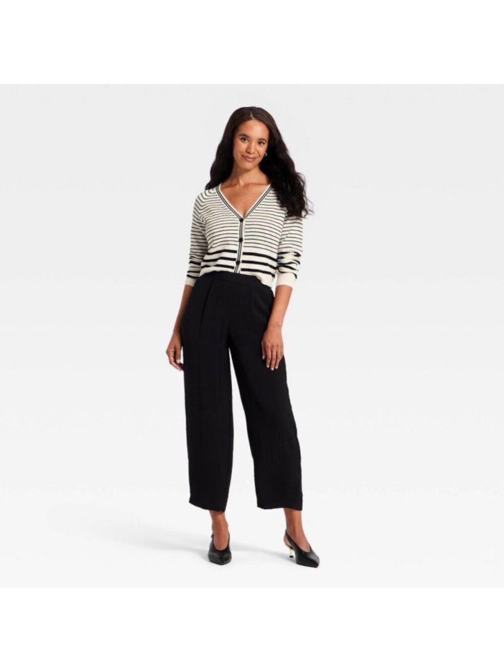 A New Day Black and White Striped V-Neck Cardigan